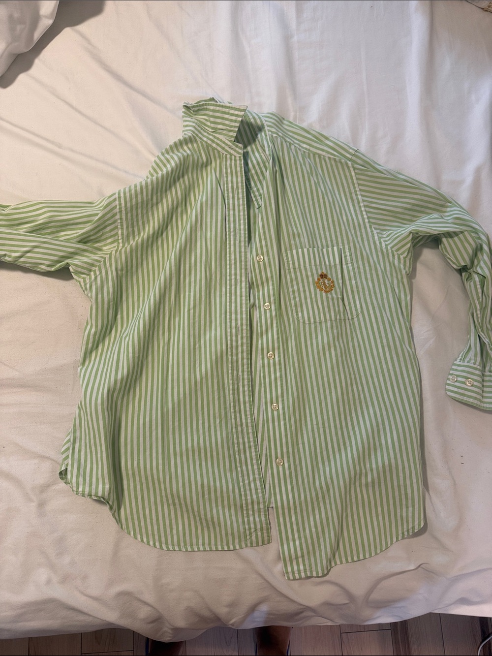 Lauren Ralph Lauren Green and White Striped Button-Down Shirt with Crest